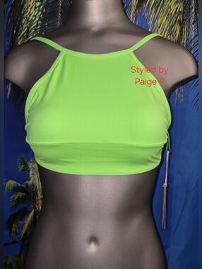 💕NWT SKIMS Recycled Swim High Neck Bikini Swimsuit Top NEON GREEN S
